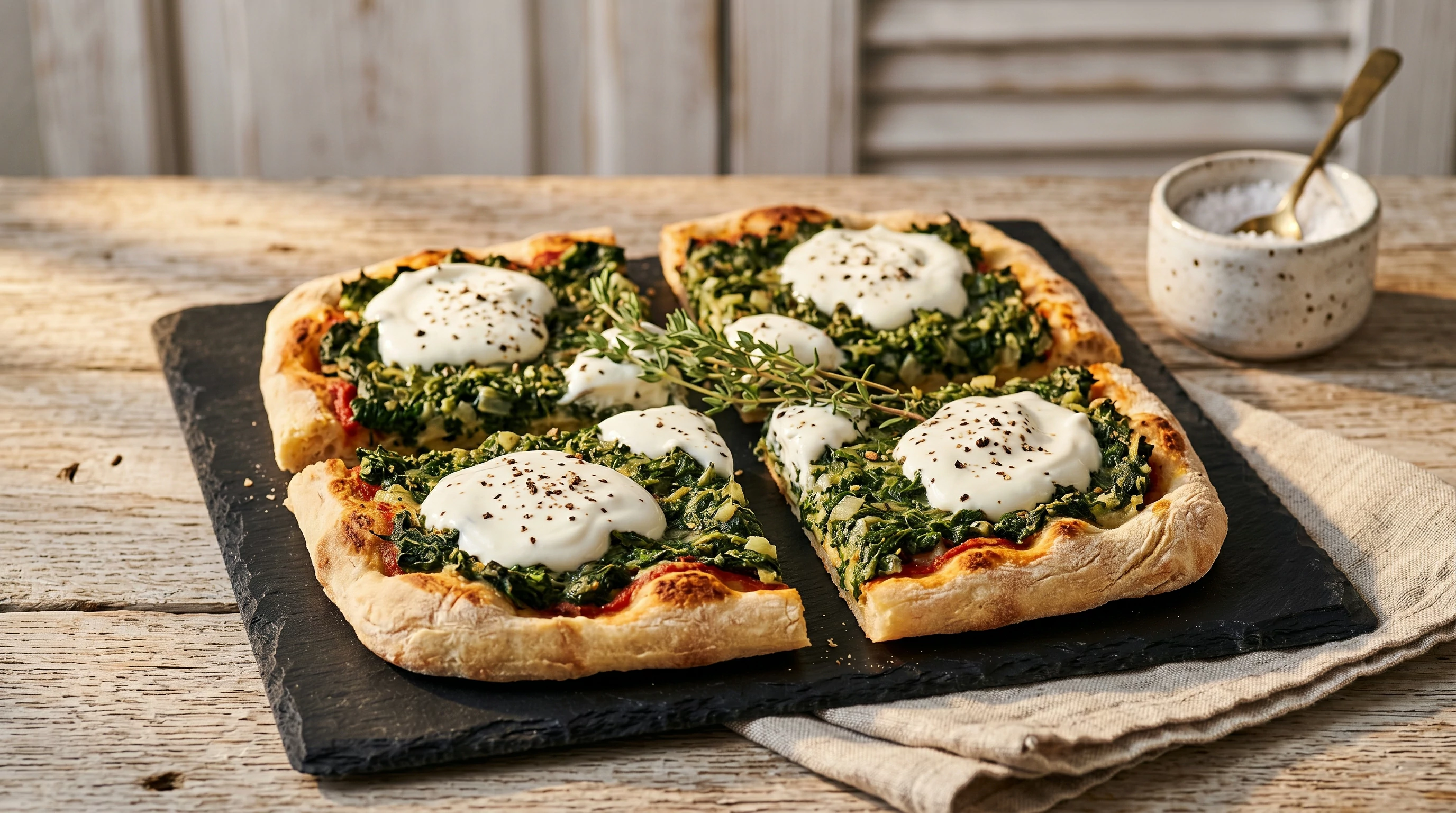 Spenótos-tejfölös pizza