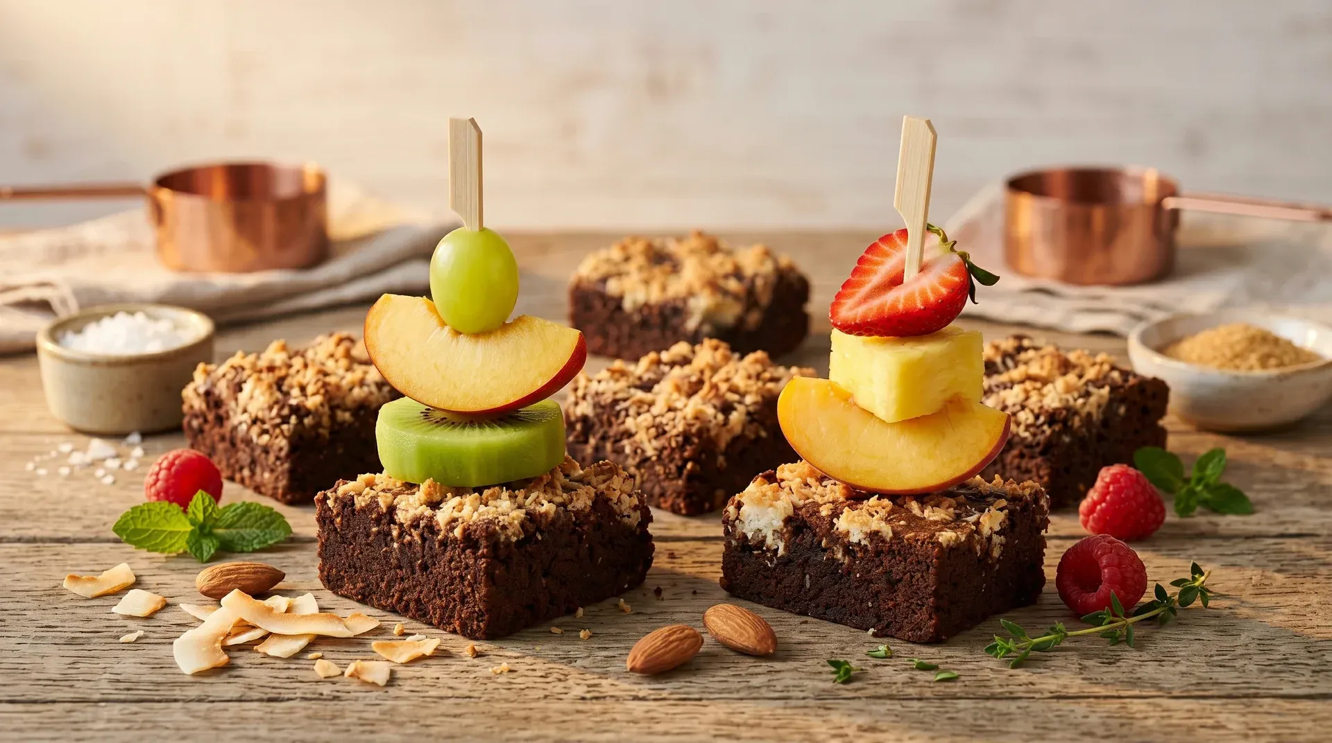Kókuszos brownies gyümölcsnyárssal